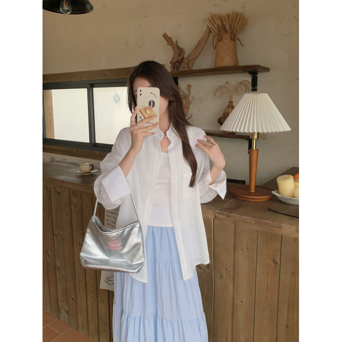 Style Plus Size Real Shot Striped Thin Shirt Women Summer Jacket New French Design Loose Top