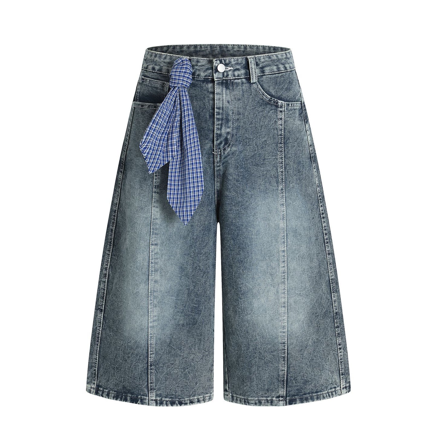 Retro Washed Ribbon Unique Design Seven-Quarter Denim Pants Men's Loose Casual Couple Mid-Length Shorts