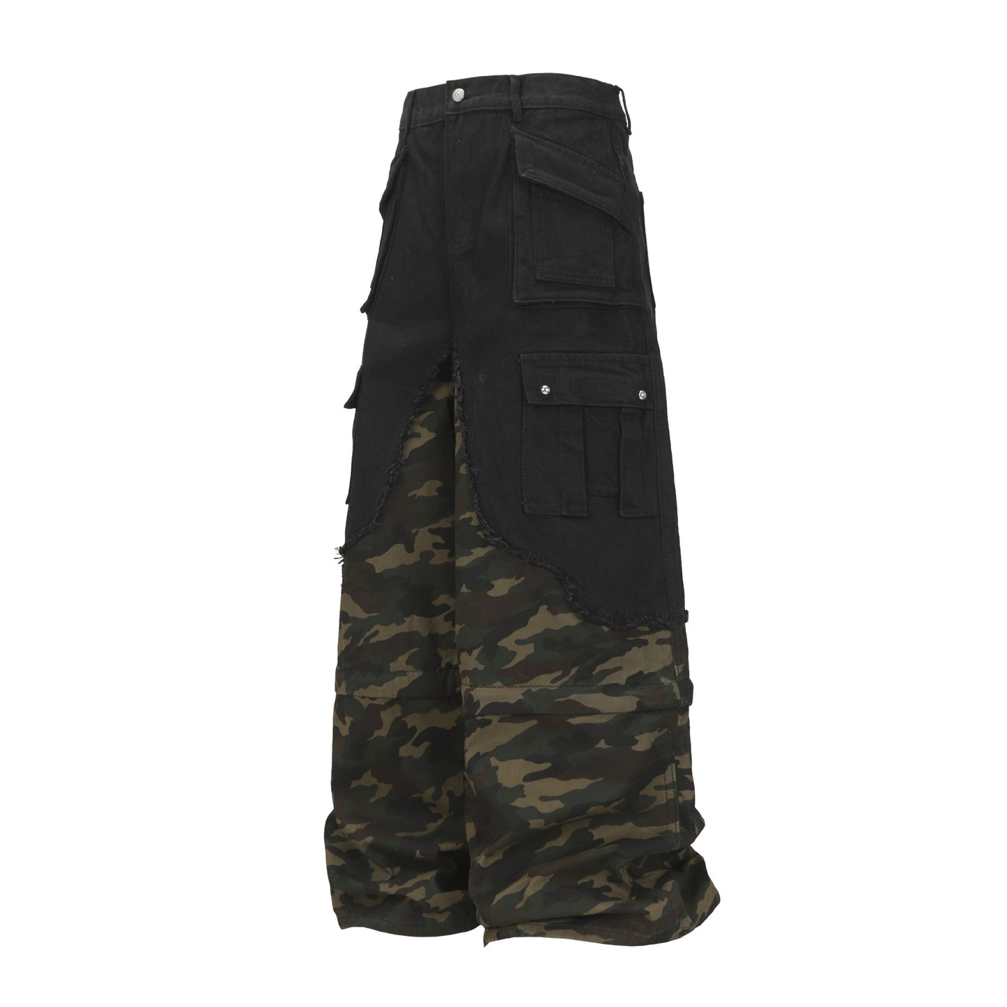 Street Style Workwear Pocket Camouflage Faux Two-Piece Denim Long Pants