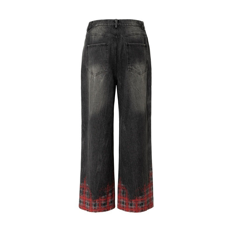 Hanging chain plaid printed loose washed wide leg denim pants