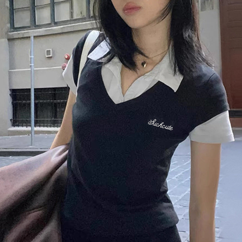 College style polo collar patchwork fake two short sleeved tops