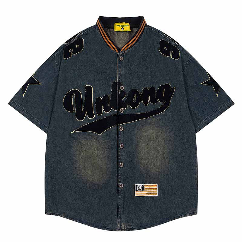 Washed Embroidery Stand Collar Short Sleeve Shirt Unisex Summer Loose Casual
