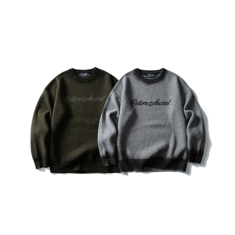 Trend Round Neck Knit Sweater Men Loose Casual Color Block Letter Sweater