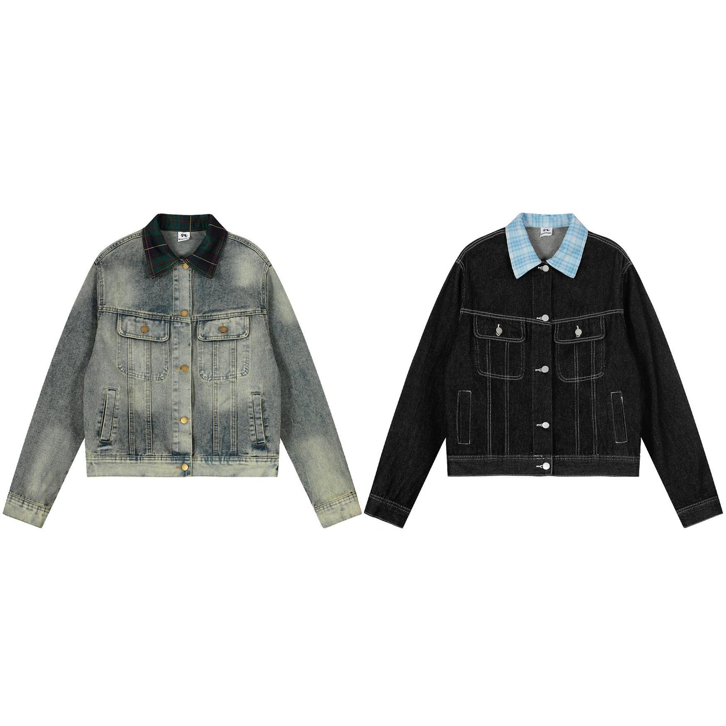 Vintage vintage patchwork plaid lapel denim jacket