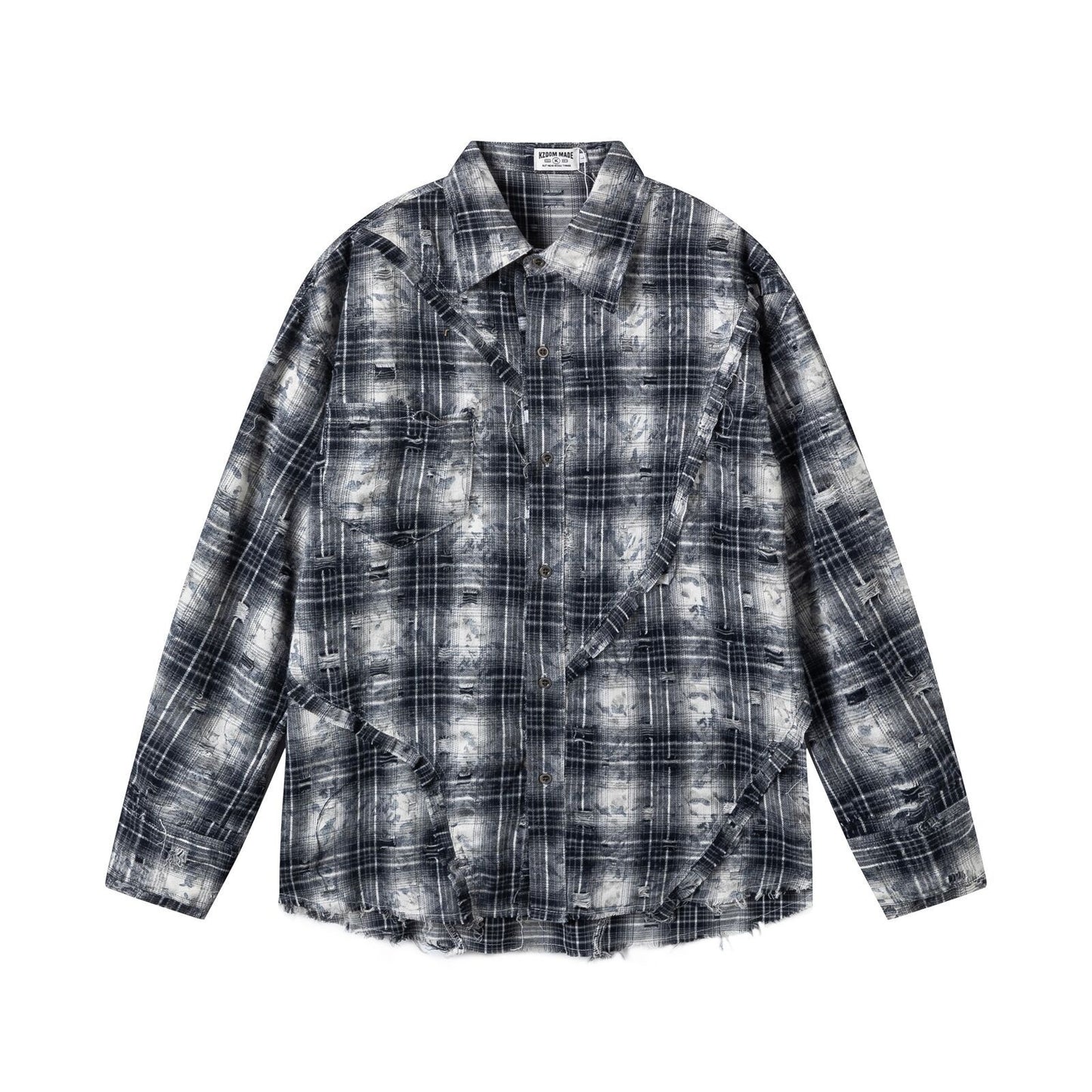 Retro Street Distressed Patchwork Plaid Long Sleeve Shirt Men Oversize Loose Casual Design Top