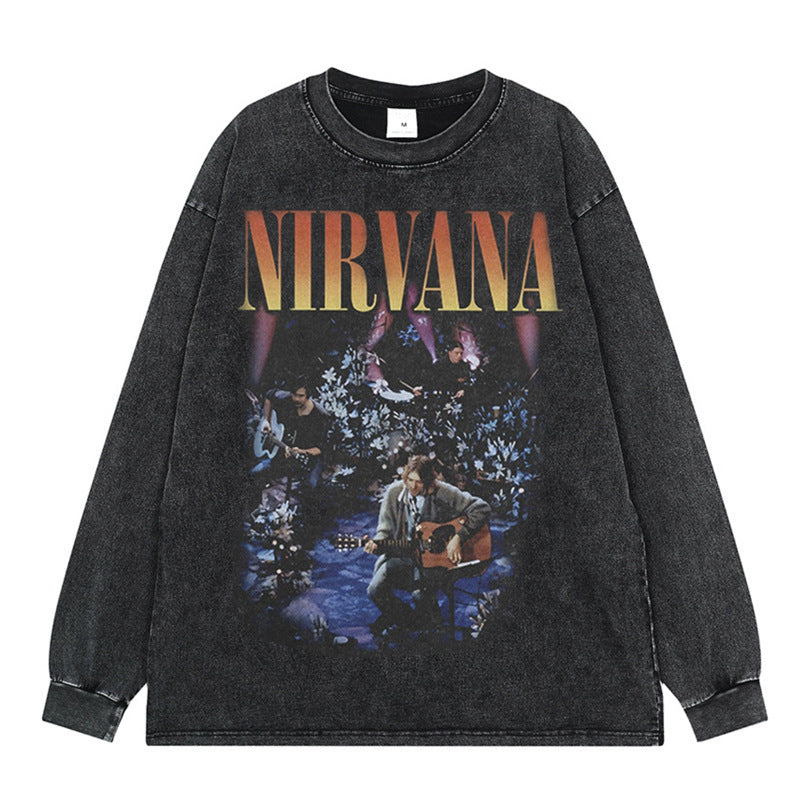 Nirvana Band T-Shirt Long Sleeve Vintage American Retro Washed Aged Nirvana Short Sleeve Tee