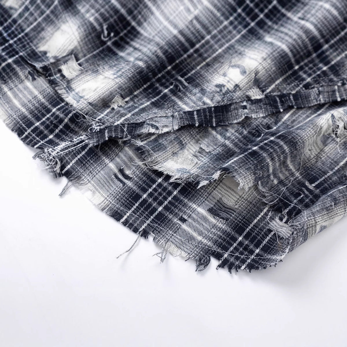 Retro Street Distressed Patchwork Plaid Long Sleeve Shirt Men Oversize Loose Casual Design Top