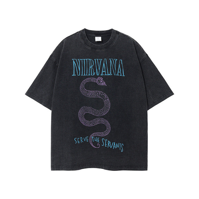 Nirvana Band T-Shirt Long Sleeve Vintage American Retro Washed Aged Nirvana Short Sleeve Tee