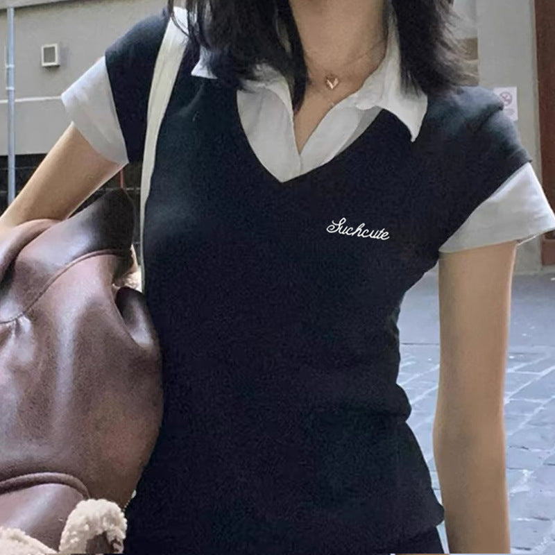 College style polo collar patchwork fake two short sleeved tops