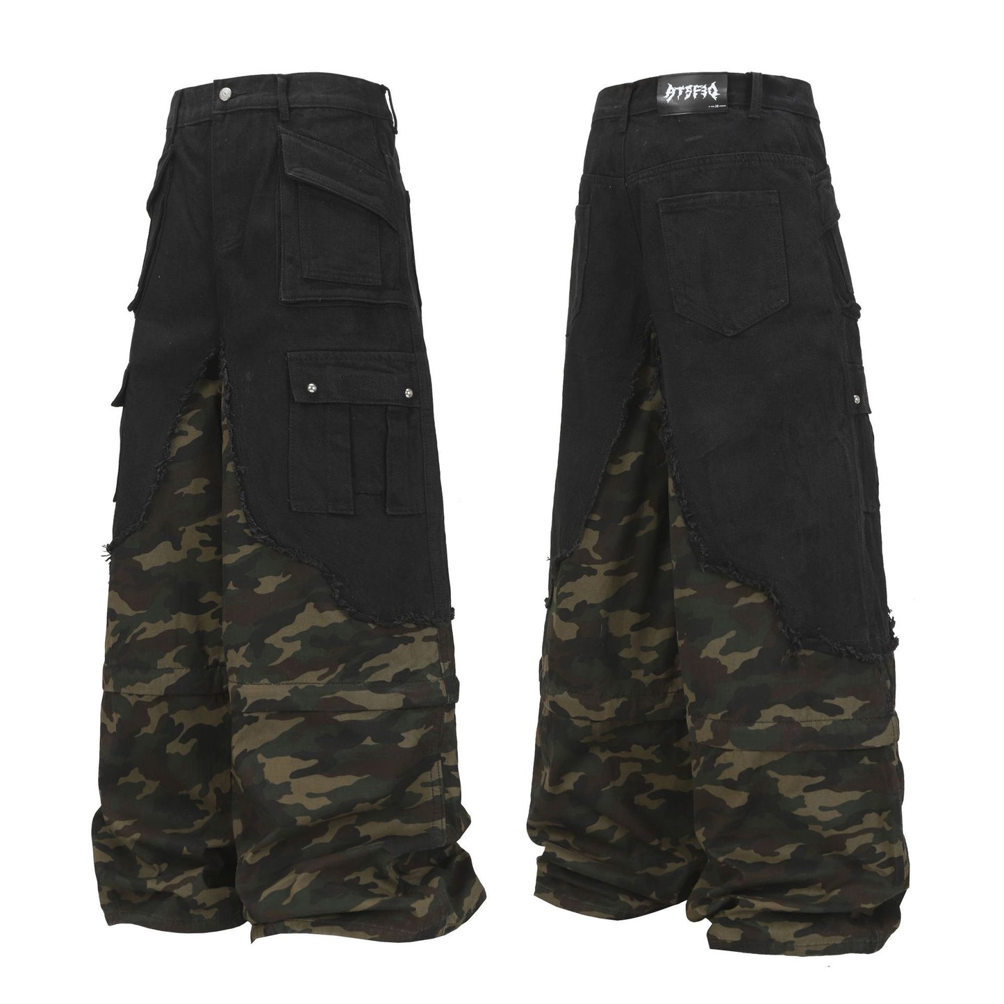 Street Style Workwear Pocket Camouflage Faux Two-Piece Denim Long Pants