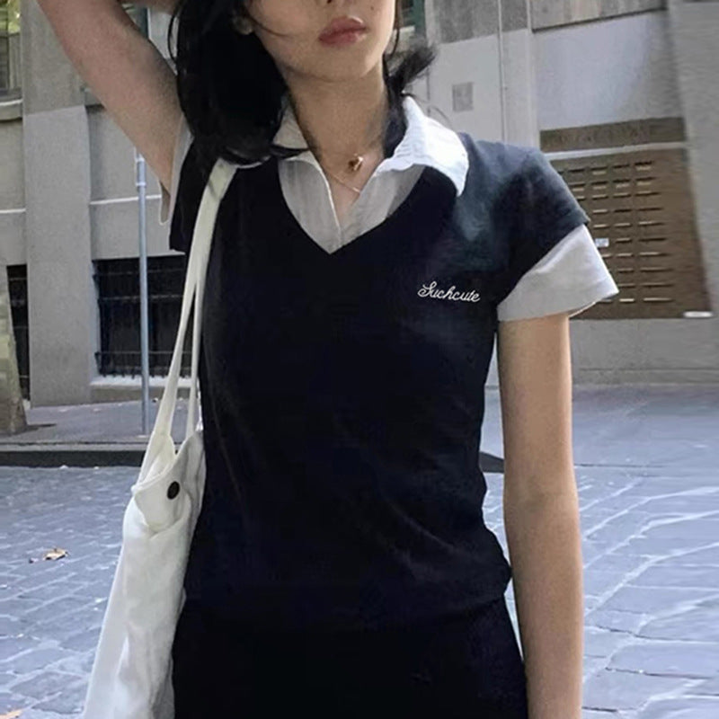 College style polo collar patchwork fake two short sleeved tops
