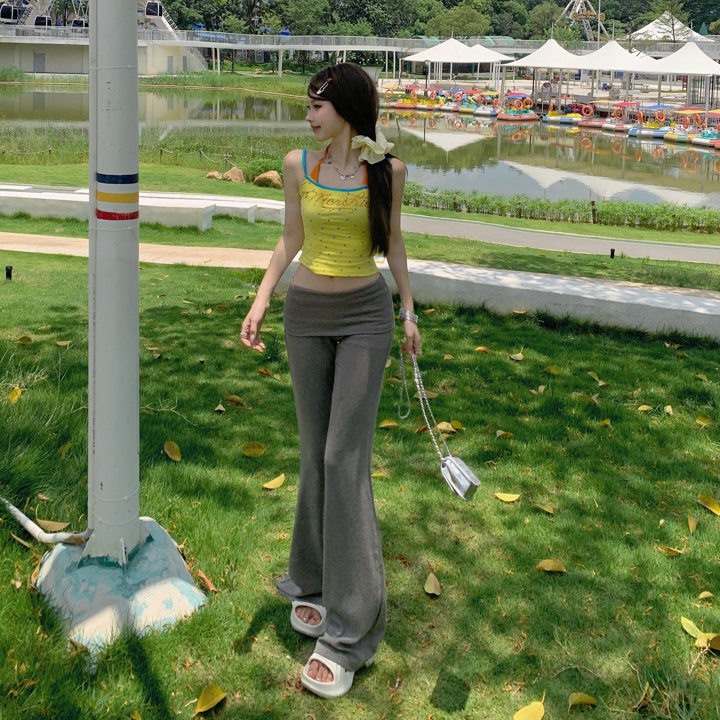 Women's Gray Knit Wide-Leg Pants Tapered Casual Floor-Length Pants