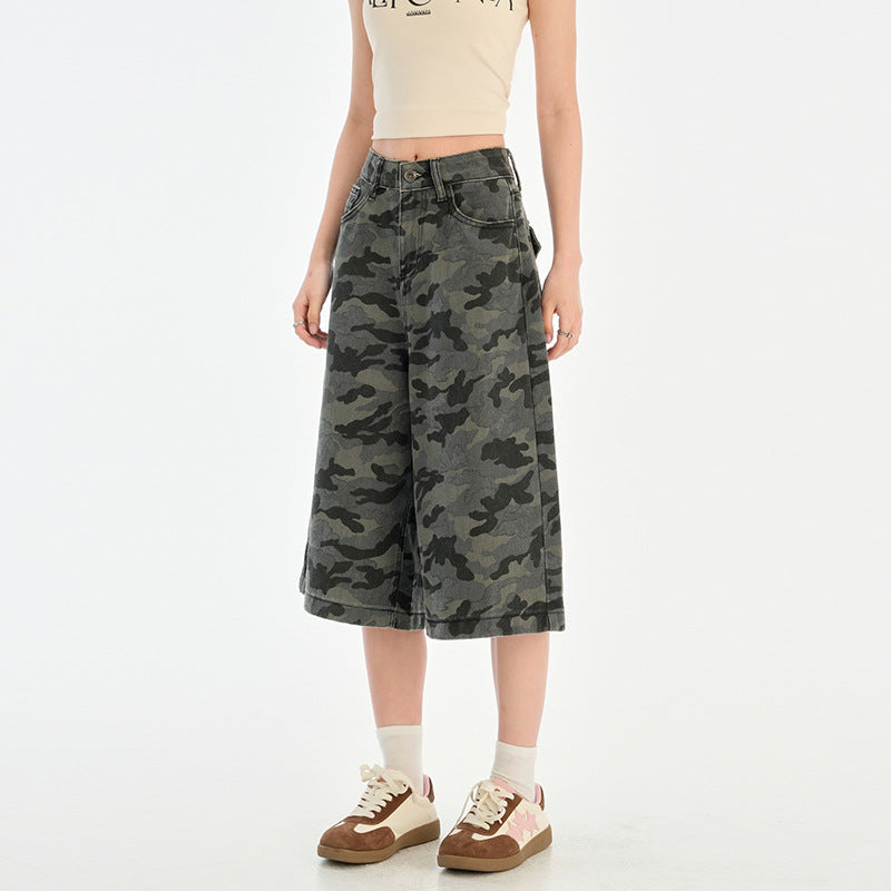 Camouflage Wide-Leg Denim Capri Pants for Women Summer Loose BF Style Straight Leg Trousers