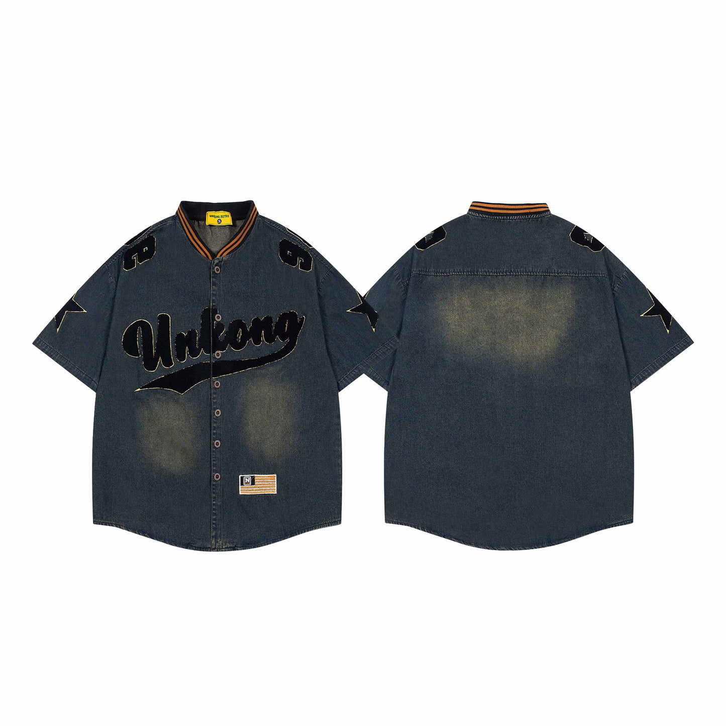 Washed Embroidery Stand Collar Short Sleeve Shirt Unisex Summer Loose Casual