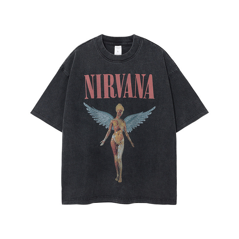 Nirvana Band T-Shirt Long Sleeve Vintage American Retro Washed Aged Nirvana Short Sleeve Tee