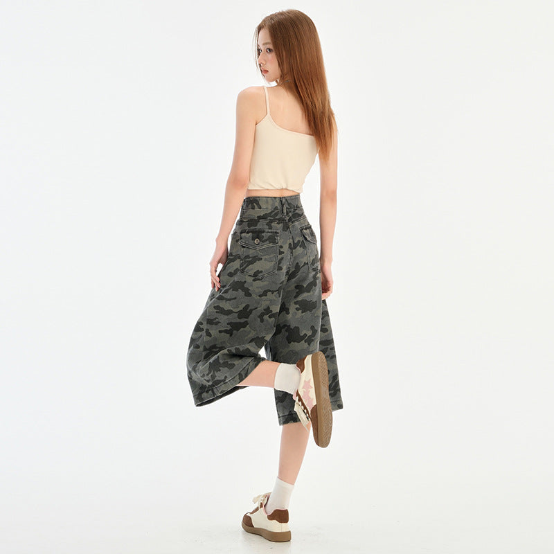 Camouflage Wide-Leg Denim Capri Pants for Women Summer Loose BF Style Straight Leg Trousers