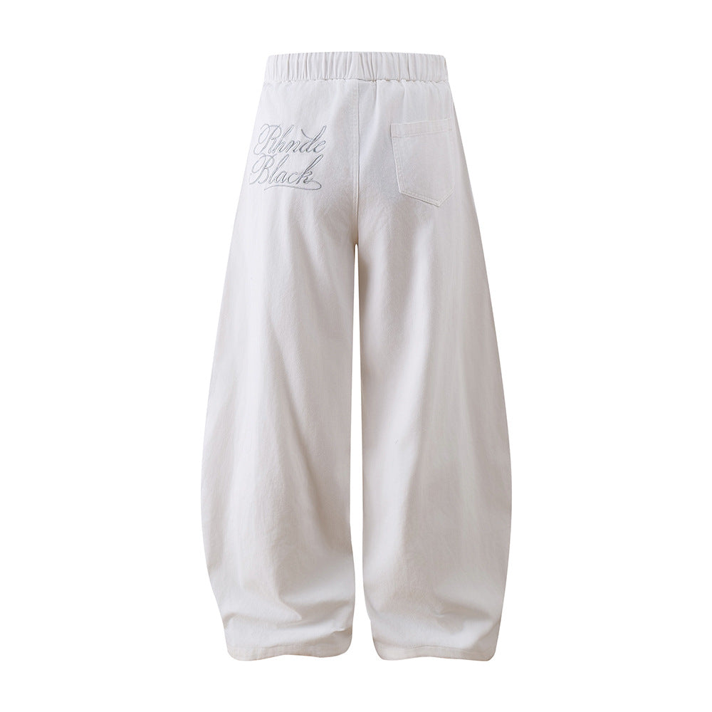 Arc Design Distressed Denim Tapered Pants American Style Men's Clothing Heavy Work Pure Color Loose Wide Leg Long Pants