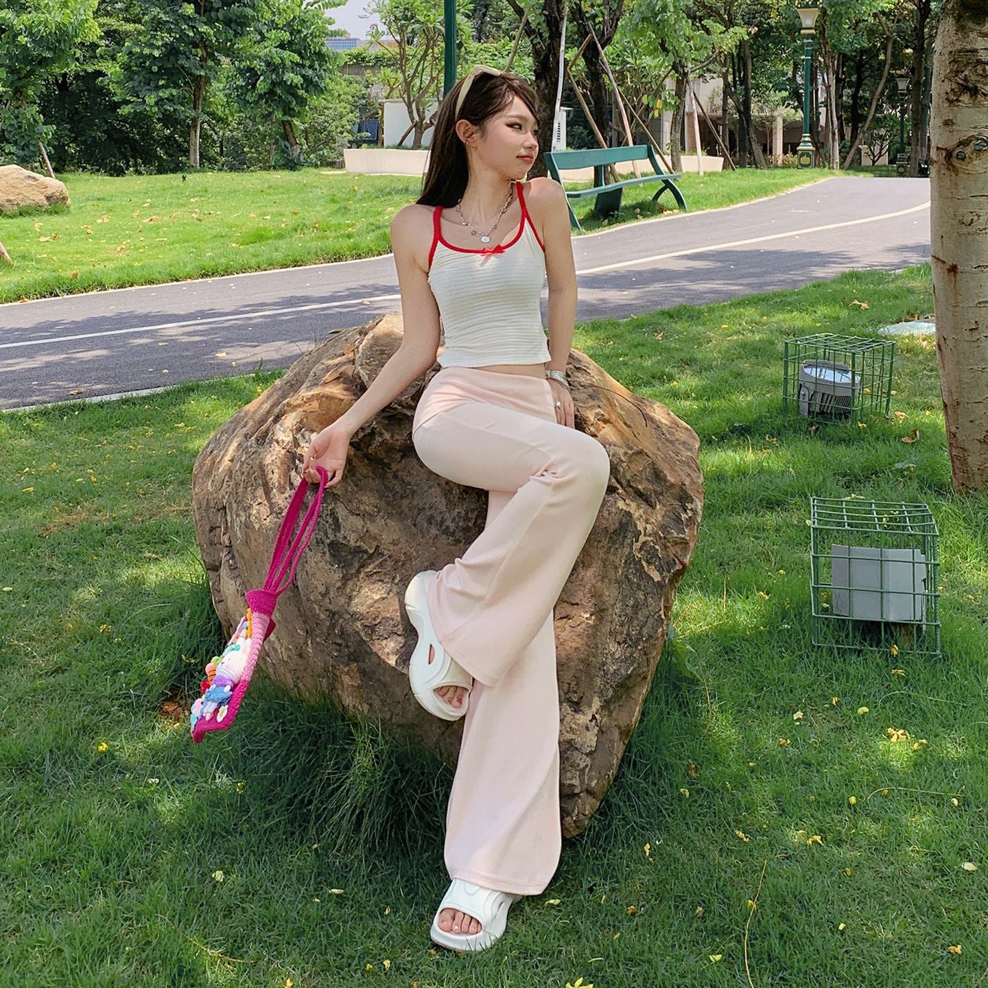 Women's Gray Knit Wide-Leg Pants Tapered Casual Floor-Length Pants