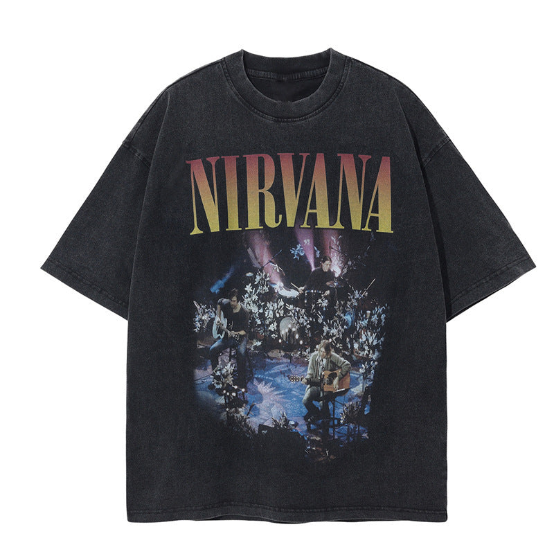 Nirvana Band T-Shirt Long Sleeve Vintage American Retro Washed Aged Nirvana Short Sleeve Tee