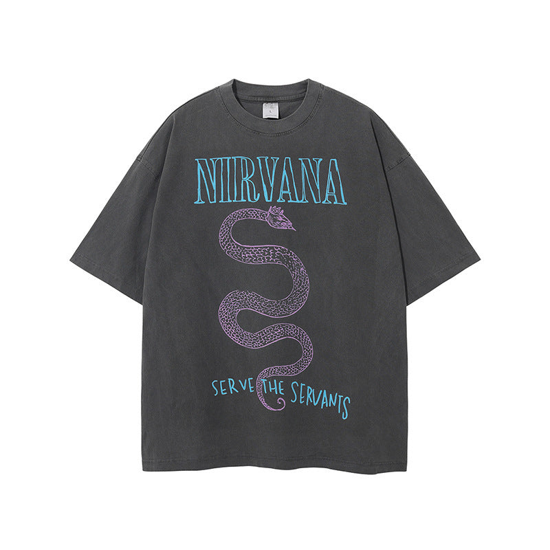 Nirvana Band T-Shirt Long Sleeve Vintage American Retro Washed Aged Nirvana Short Sleeve Tee