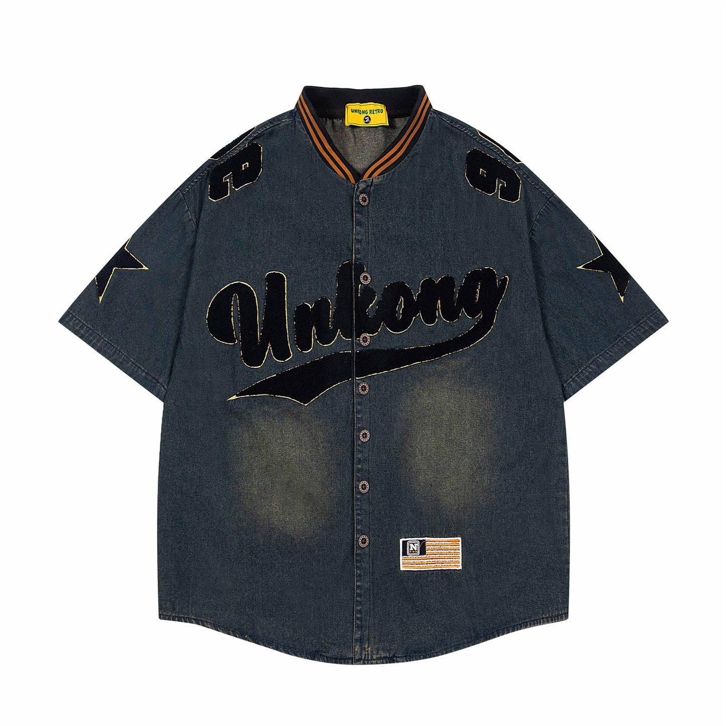 Washed Embroidery Stand Collar Short Sleeve Shirt Unisex Summer Loose Casual