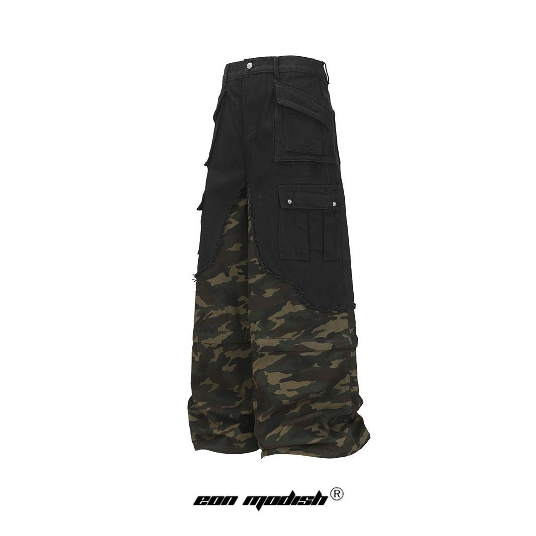 Street Style Workwear Pocket Camouflage Faux Two-Piece Denim Long Pants