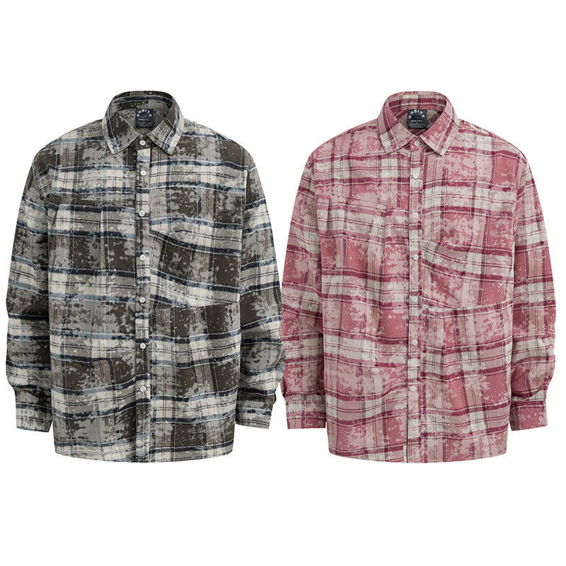 Men's Plaid Shirt Vibe Lazy Style Loose Color Block Grid Pattern Long Sleeve Jacket Shirt
