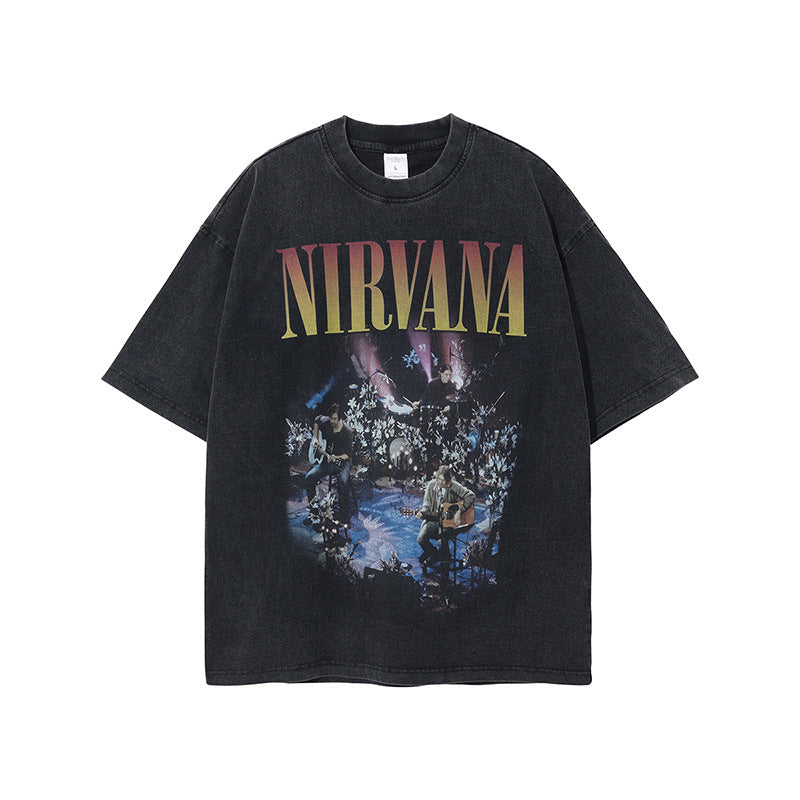 Nirvana Band T-Shirt Long Sleeve Vintage American Retro Washed Aged Nirvana Short Sleeve Tee