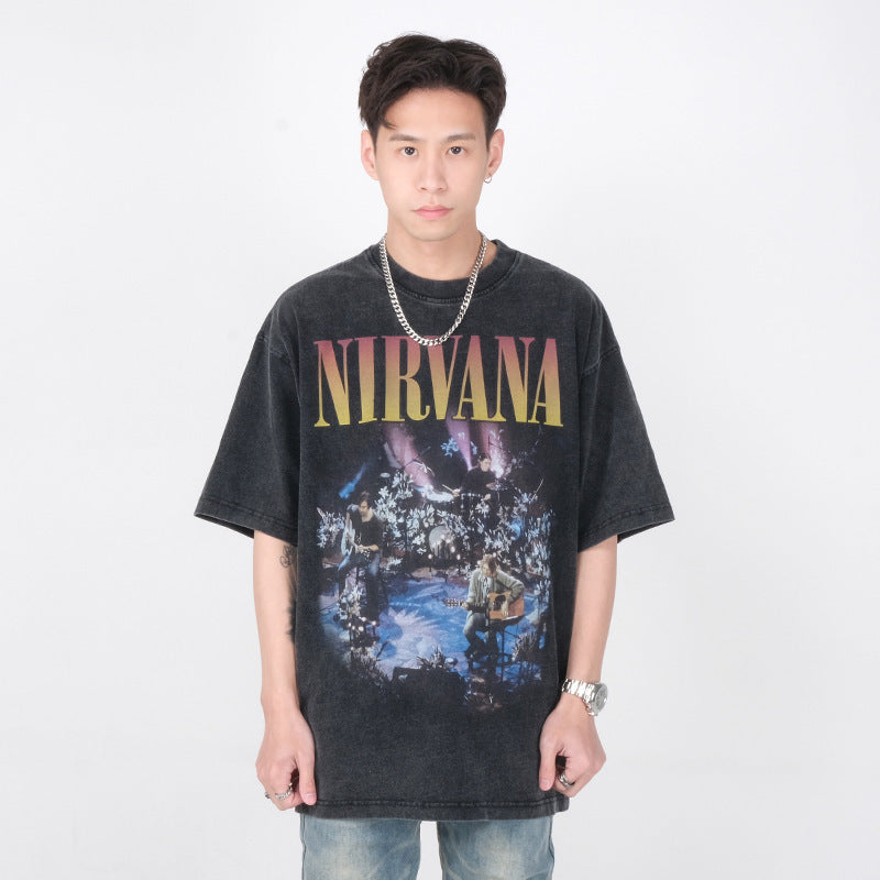 Nirvana Band T-Shirt Long Sleeve Vintage American Retro Washed Aged Nirvana Short Sleeve Tee