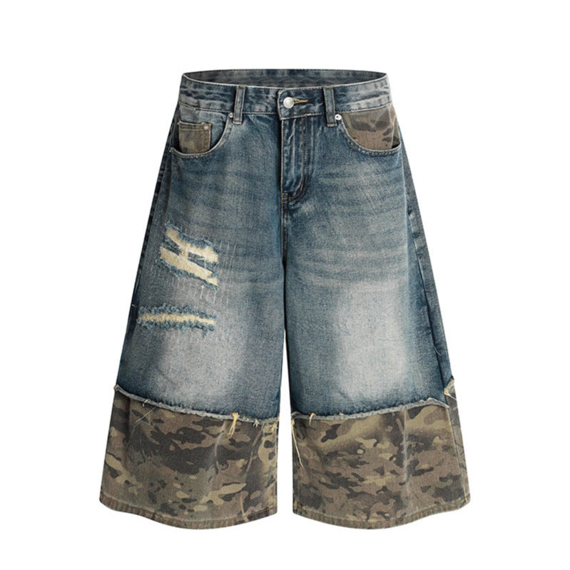Camouflage patchwork denim shorts