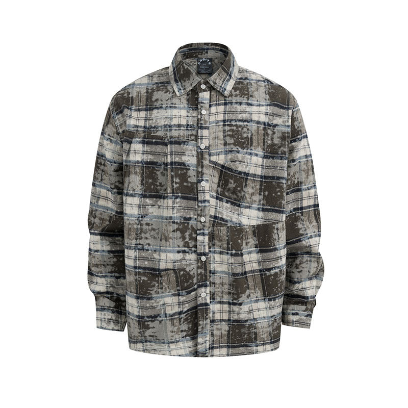 Men's Plaid Shirt Vibe Lazy Style Loose Color Block Grid Pattern Long Sleeve Jacket Shirt