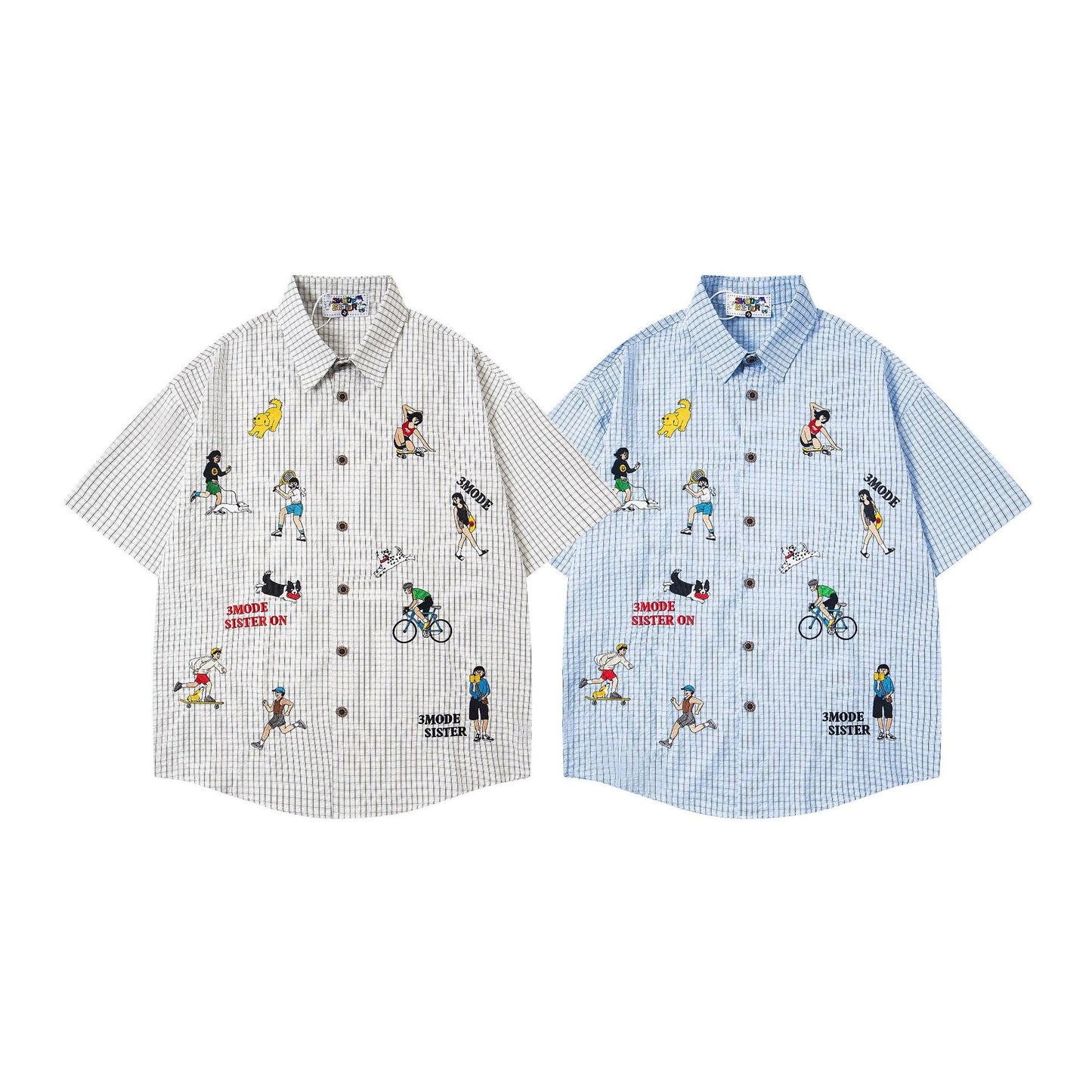 Cartoon Embroidery Plaid Short Sleeve Shirt Unisex Summer Personality Loose Fit All-Match Couple Style Blouse