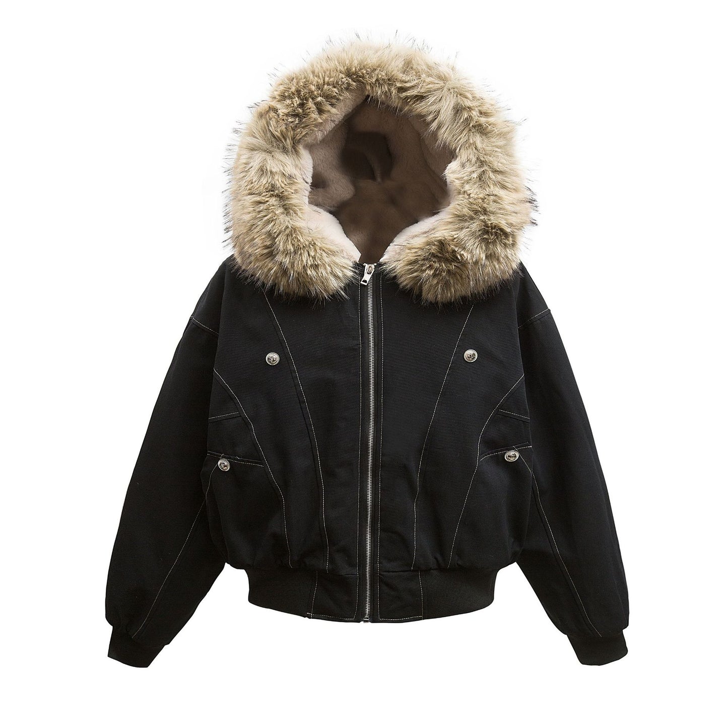 Metal Buckle Design Thickened Warm Hooded Cotton Jacket