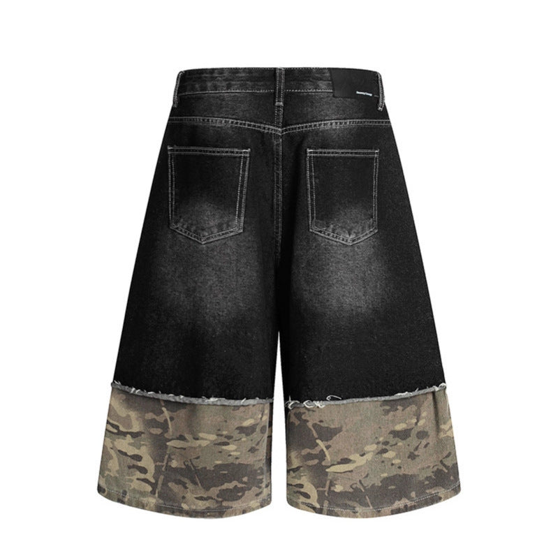 Camouflage patchwork denim shorts