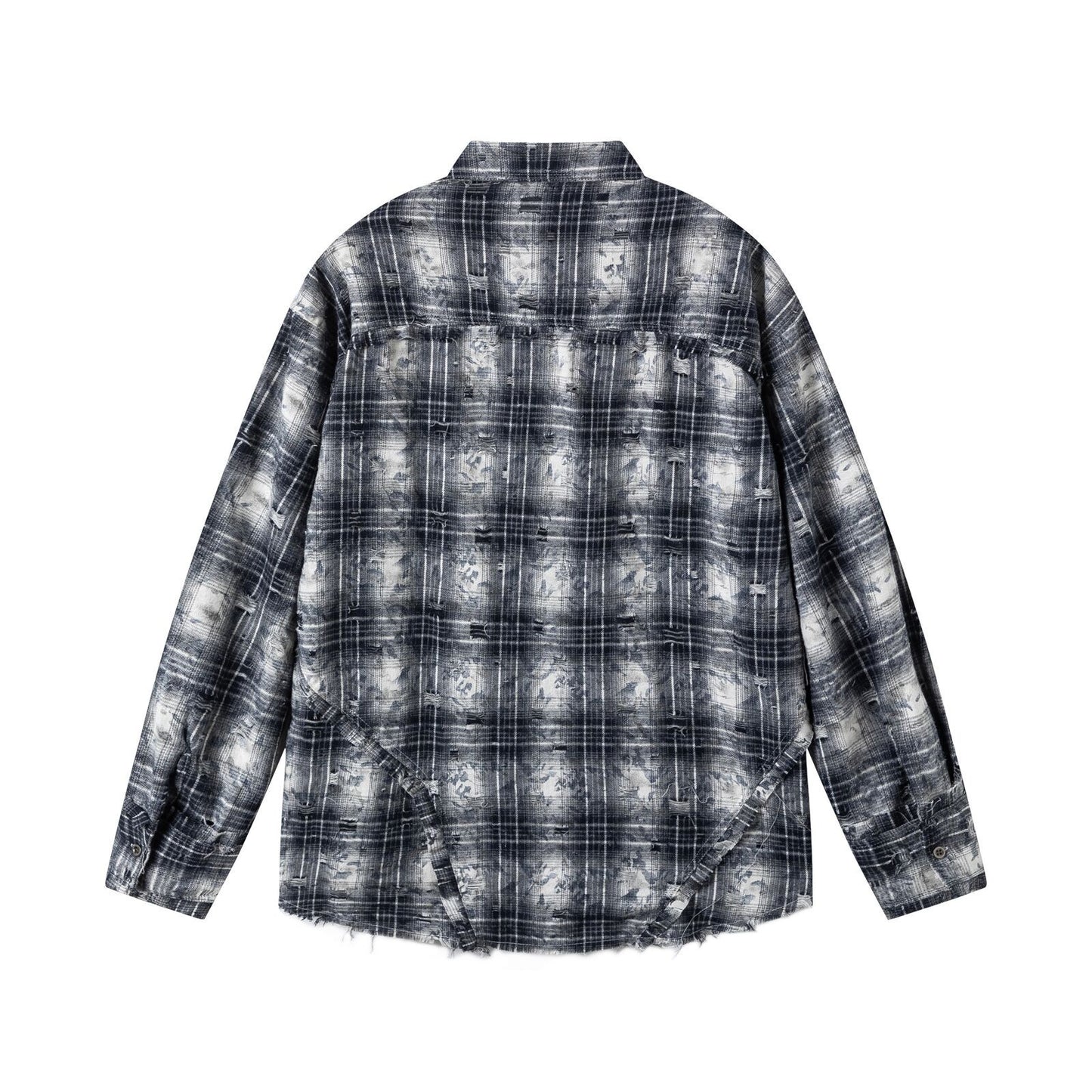 Retro Street Distressed Patchwork Plaid Long Sleeve Shirt Men Oversize Loose Casual Design Top