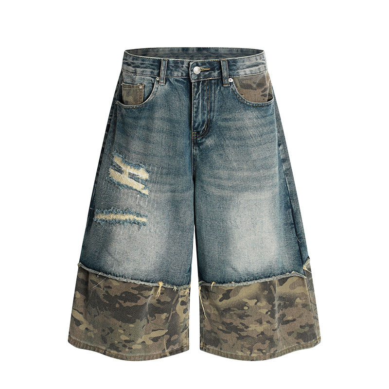 Camouflage patchwork denim shorts