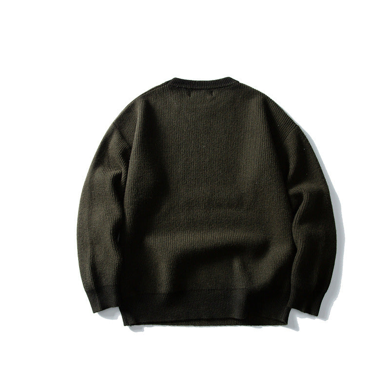 Trend Round Neck Knit Sweater Men Loose Casual Color Block Letter Sweater