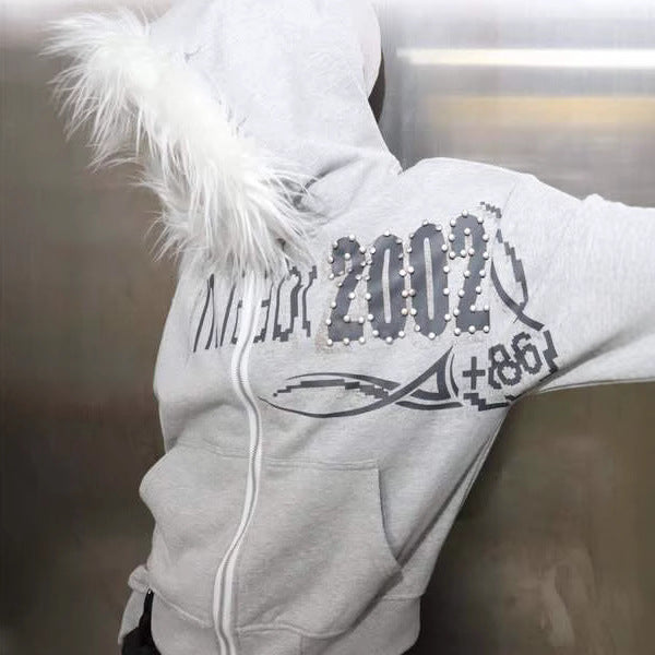 Retro loose fur collar hooded sweatshirt