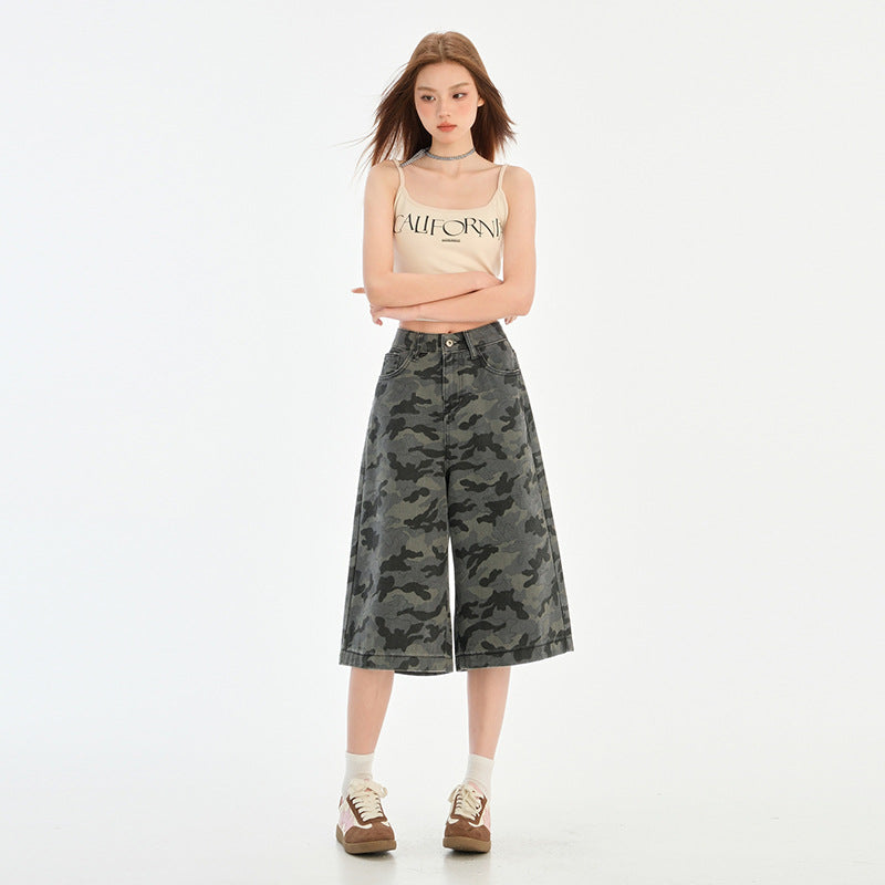 Camouflage Wide-Leg Denim Capri Pants for Women Summer Loose BF Style Straight Leg Trousers