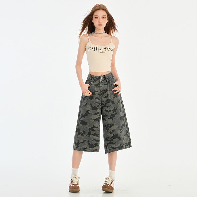 Camouflage Wide-Leg Denim Capri Pants for Women Summer Loose BF Style Straight Leg Trousers