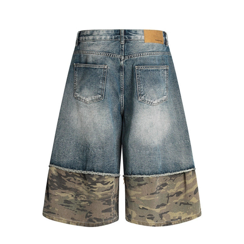 Camouflage patchwork denim shorts