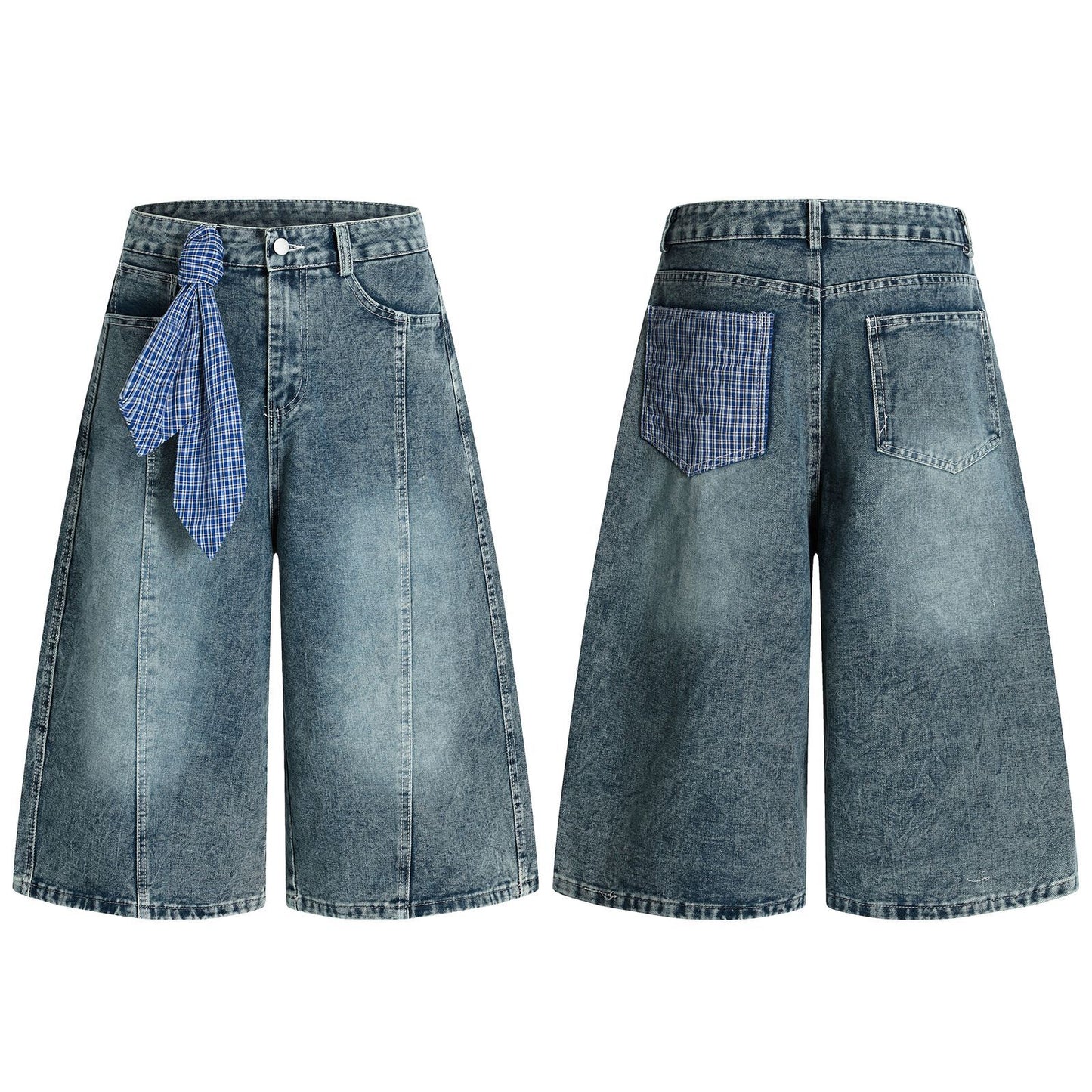 Retro Washed Ribbon Unique Design Seven-Quarter Denim Pants Men's Loose Casual Couple Mid-Length Shorts