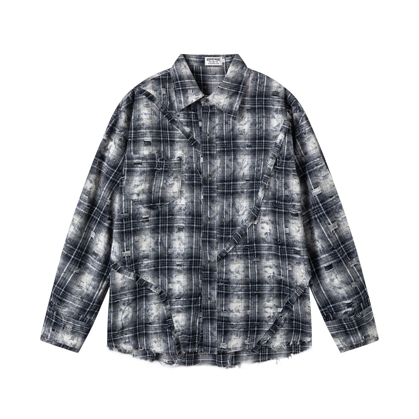 Retro Street Distressed Patchwork Plaid Long Sleeve Shirt Men Oversize Loose Casual Design Top