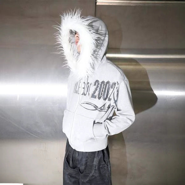Retro loose fur collar hooded sweatshirt