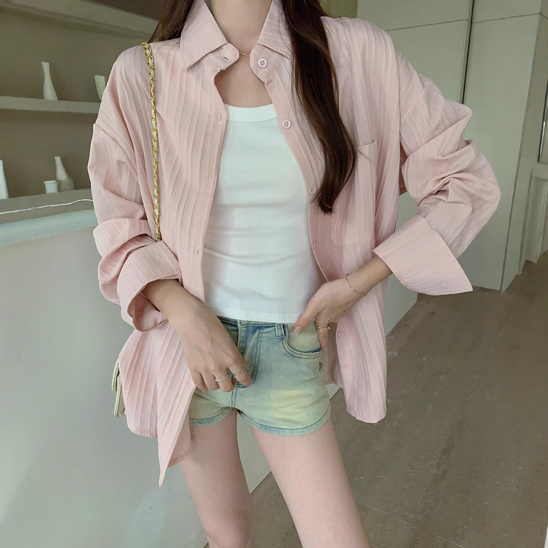 Style Plus Size Real Shot Striped Thin Shirt Women Summer Jacket New French Design Loose Top