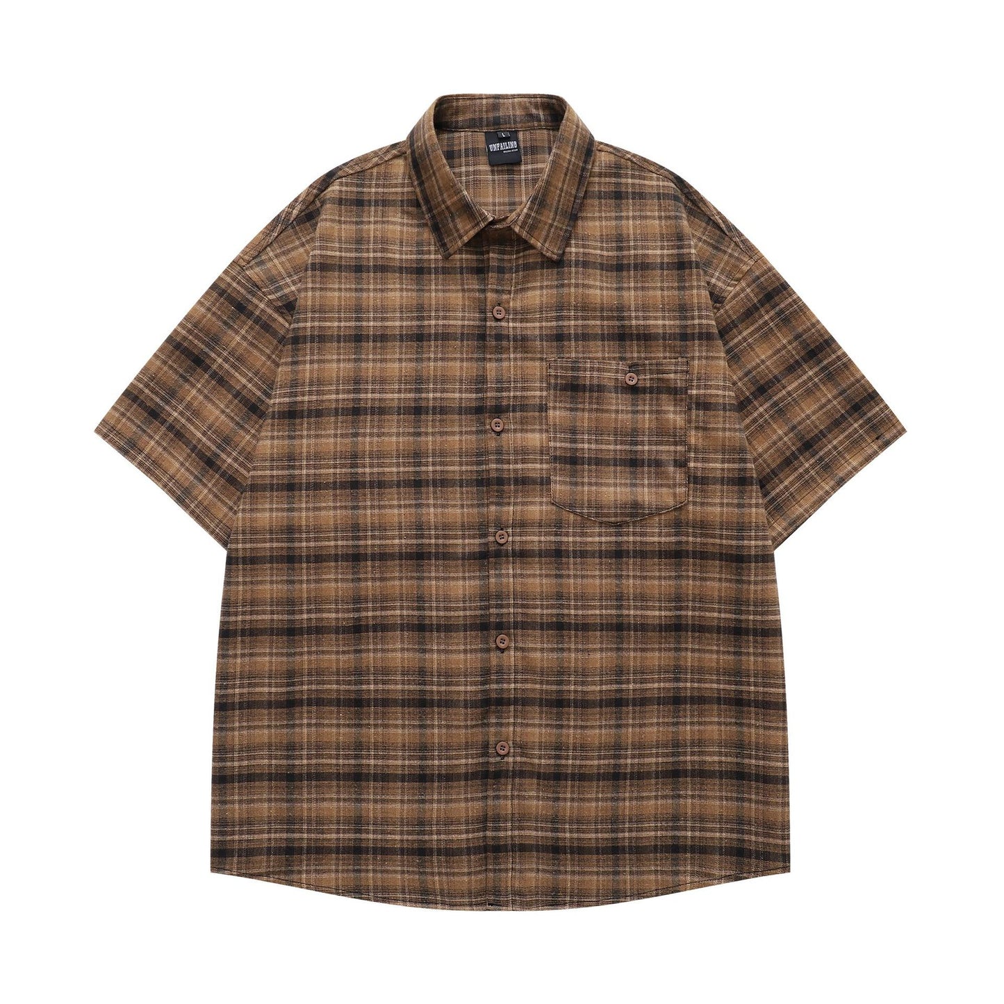 Retro Classic Basic Plaid Short Sleeve Shirt Unisex Loose Fit All-Match Couple Blouse Jacket