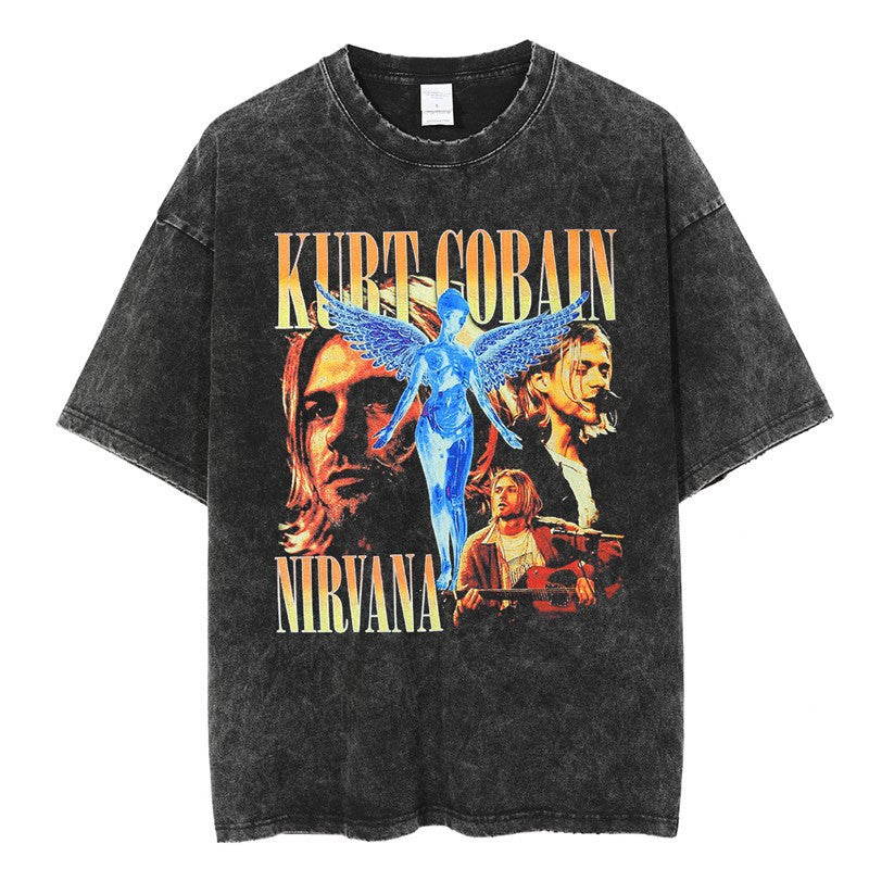 Nirvana Band T-Shirt Long Sleeve Vintage American Retro Washed Aged Nirvana Short Sleeve Tee