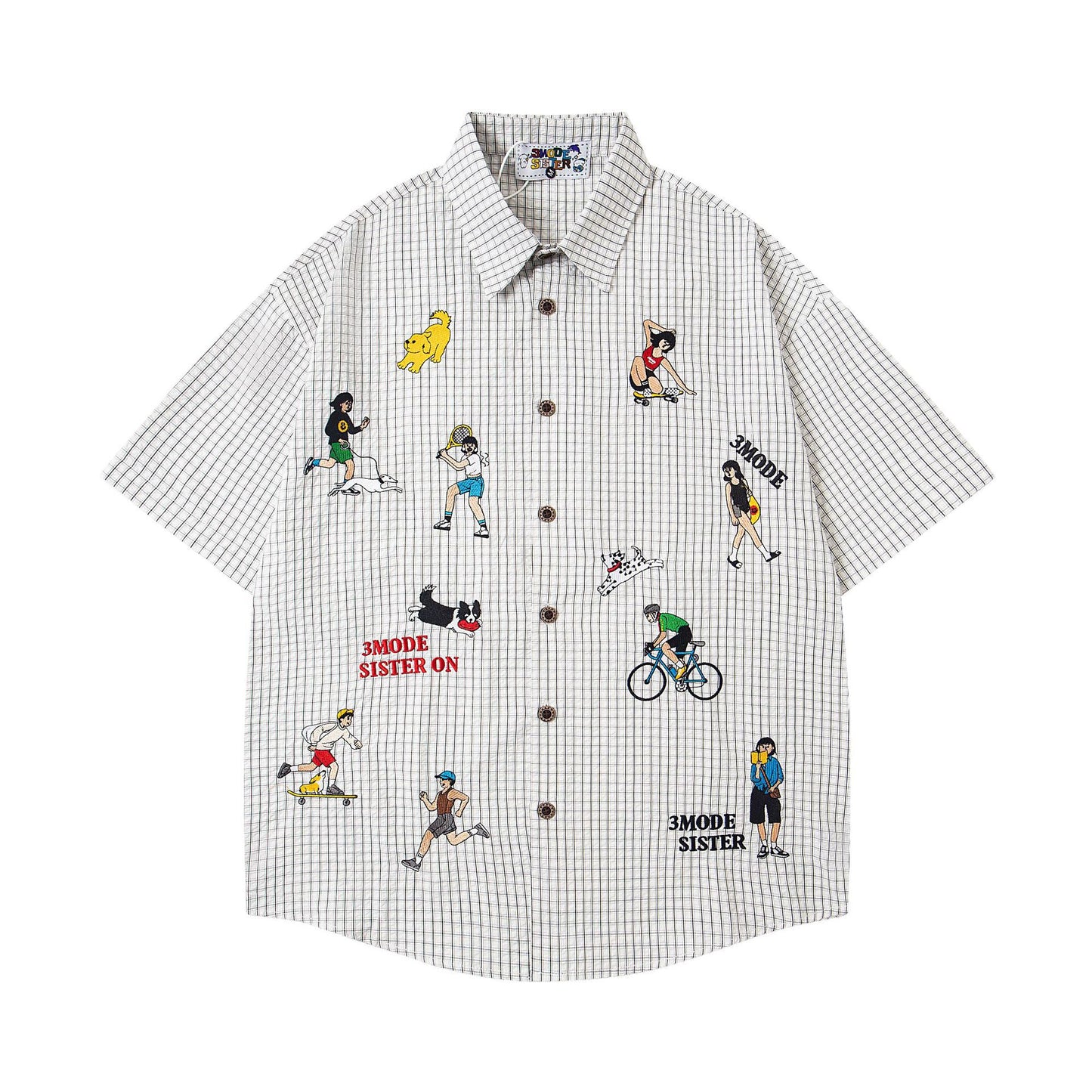 Cartoon Embroidery Plaid Short Sleeve Shirt Unisex Summer Personality Loose Fit All-Match Couple Style Blouse