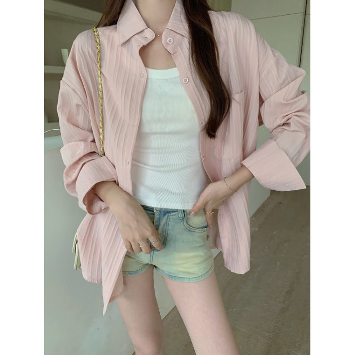 Style Plus Size Real Shot Striped Thin Shirt Women Summer Jacket New French Design Loose Top