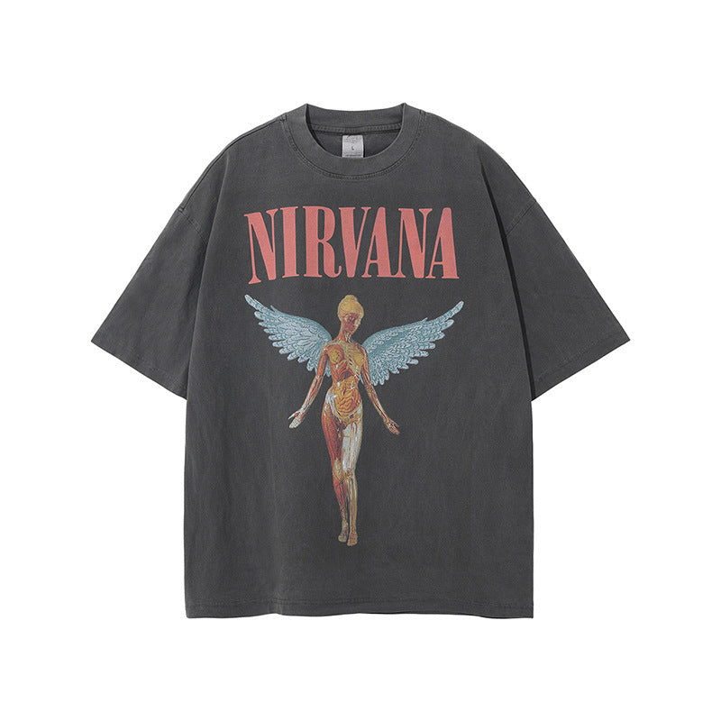 Nirvana Band T-Shirt Long Sleeve Vintage American Retro Washed Aged Nirvana Short Sleeve Tee